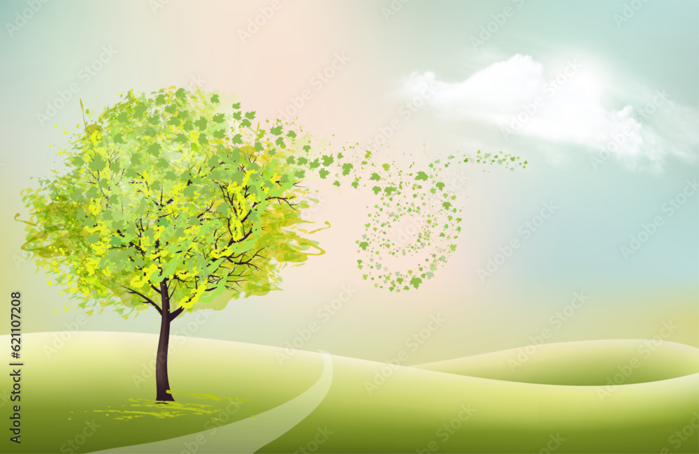 Poster beautiful summer nature background with a green tree and landscape. vector.