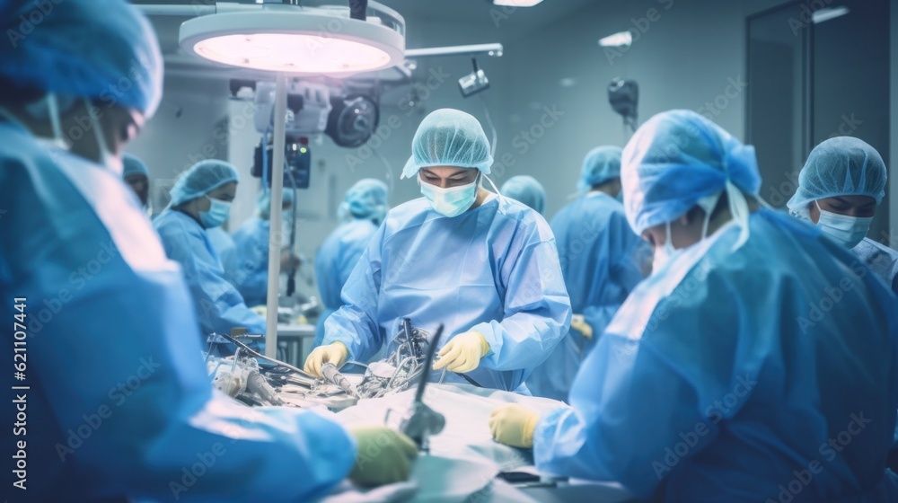 Poster a group of surgeons in a operating room. generative ai image.