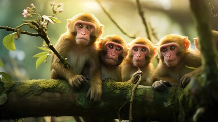Group of lively proboscis monkeys swing through the lush rainforest, their long noses and expressive faces radiating charm and cuteness. Generative AI