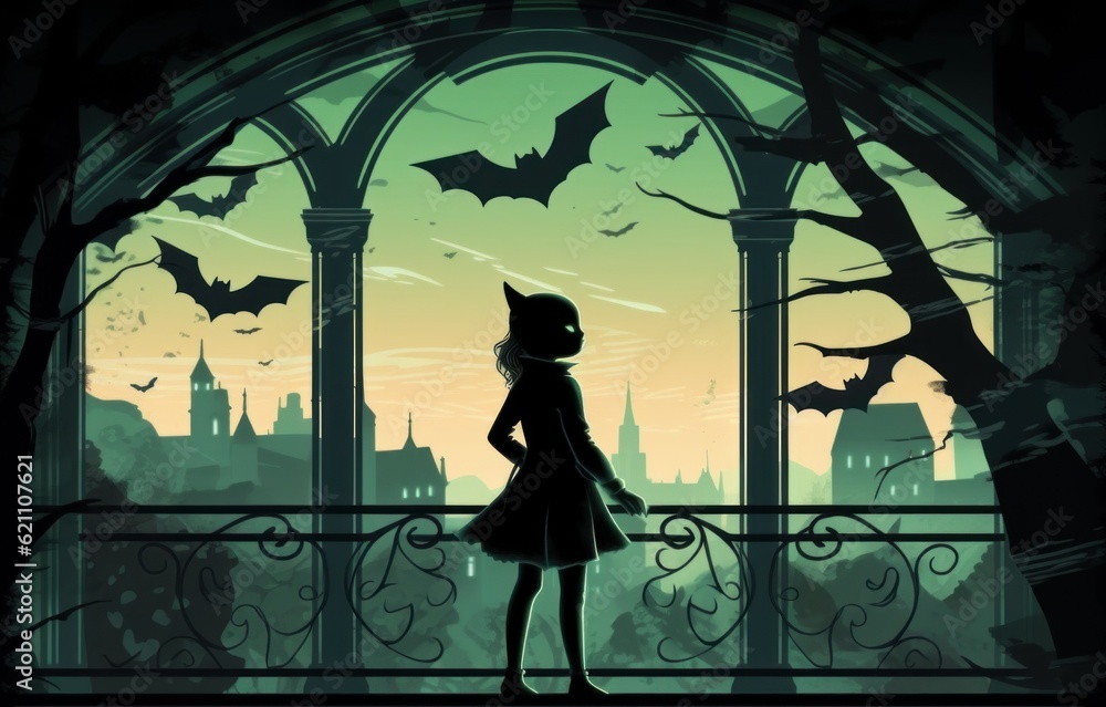 Poster a girl standing in front of a window with bats flying overhead. generative ai image.