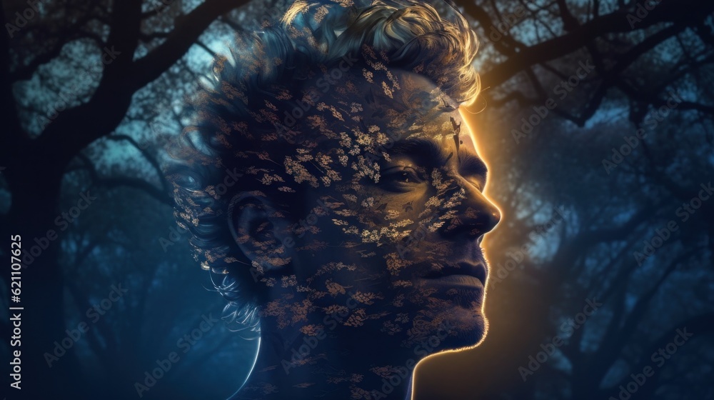 Poster a man with a face covered in leaves. generative ai image.