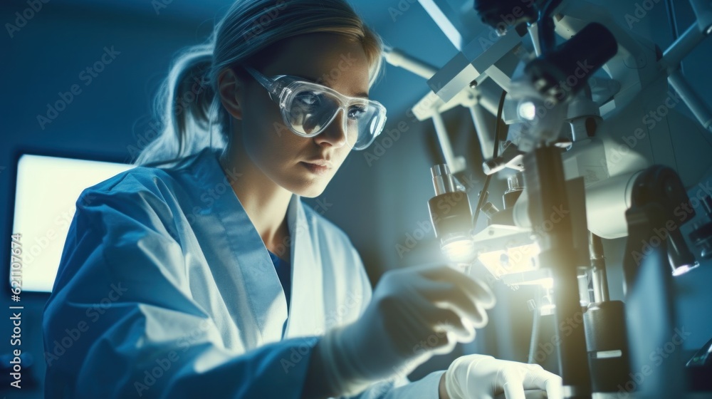 Poster a woman in a lab coat and goggles working on a machine. generative ai image.