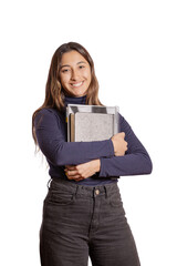 Female student with books isolated on white background.