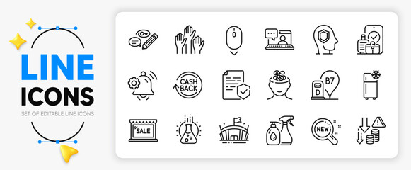 Carry-on baggage, Refrigerator and Scroll down line icons set for app include Anxiety, Cashback, Deflation outline thin icon. Voting hands, Chemistry lab, Notification bell pictogram icon. Vector