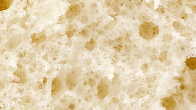 Bread is light, cut and porous structure of baked dough, rotating, turning, close-up, looped video

