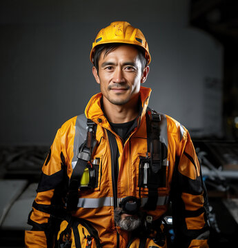 Smiling Asian construction worker wearing uniform over a grey room