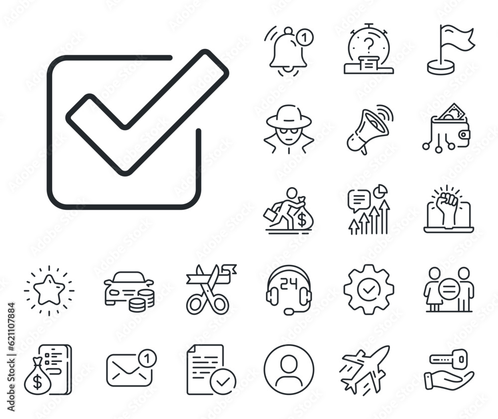Poster approved tick sign. salaryman, gender equality and alert bell outline icons. check line icon. confir
