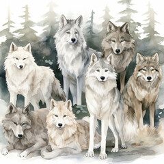 Fototapeta premium Watercolor a pack of white and grey wolf