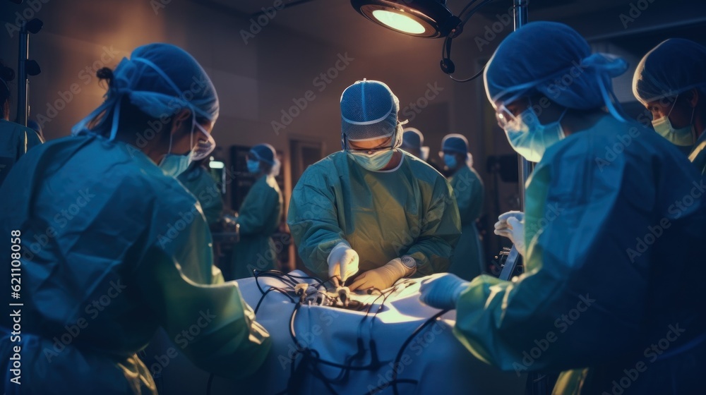 Poster a group of surgeons performing surgery in an operating room. generative ai image.