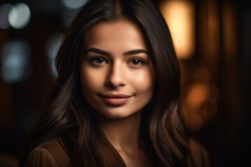 In bright modern office, a young 18 years old beautiful hispanic businesswoman with large smile. Generative AI AIG18.