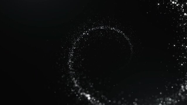 Abstract white spiral particles background. Clean particles and dark background.