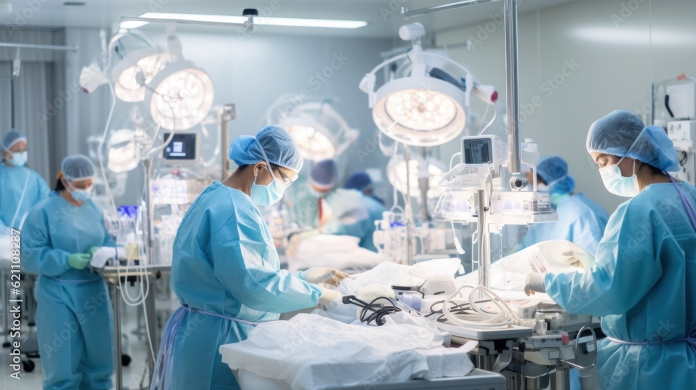Poster a group of doctors working in an operating room. generative ai image.
