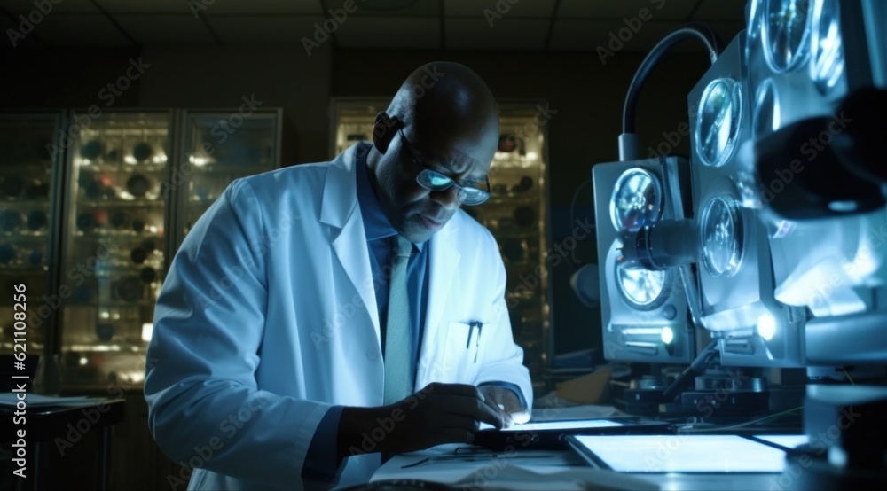 Poster a man in a lab coat writing on a piece of paper. generative ai image.