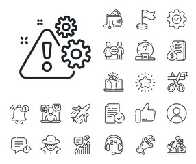 Attention triangle sign. Salaryman, gender equality and alert bell outline icons. Warning line icon. Caution alert symbol. Warning line sign. Spy or profile placeholder icon. Vector