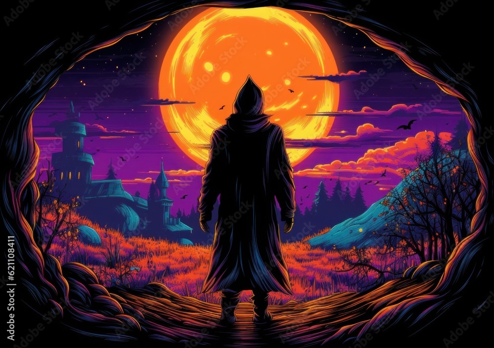 Poster a person standing in front of a full moon. generative ai image.