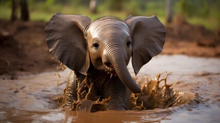 Cute baby elephant taking a bath in a muddy watering hole Generative AI