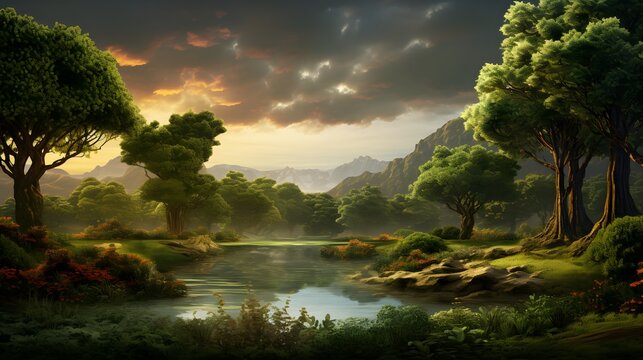 Nature backgrounds with lush greenery and serene landscapes Generative AI