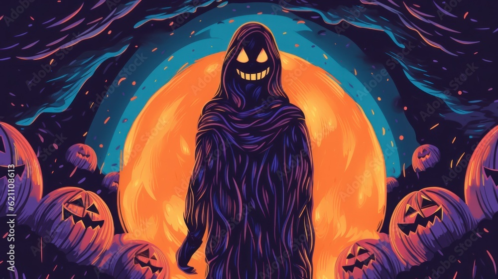 Poster a person standing in the middle of a field of pumpkins. generative ai image.