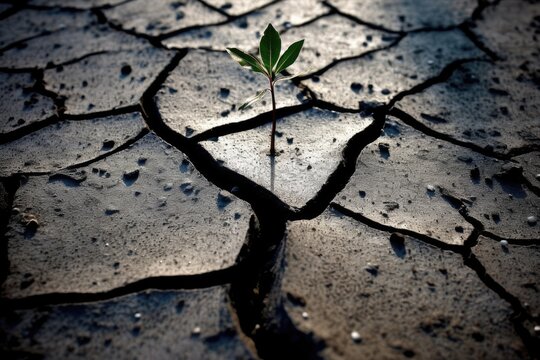 A solitary tree seedling can be seen emerging from an asphalt crack in this macro photograph. An Environmental Concept