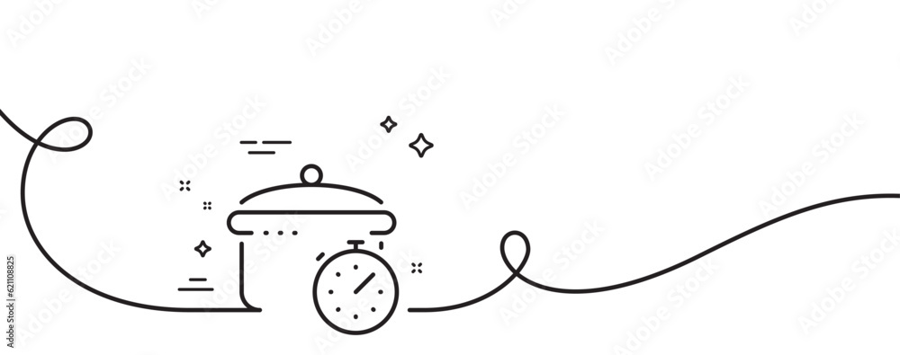 Poster boiling pan line icon. continuous one line with curl. cooking timer sign. food preparation symbol. b