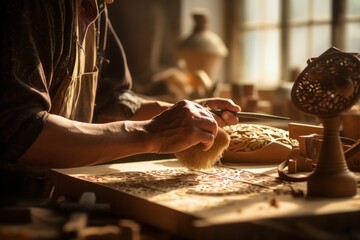 Master old man's hobbyist hands sculpting carving wooden figures sculptures leisure time wood hobby creating by man pure artwork dusty rustic sunny workshop room during artist's creative workflow 