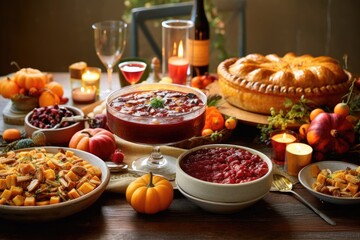 Thanksgiving supper with seasonal fruits and vegetables, wine, chicken, cranberry sauce, and pumpkin pie on a white wooden table. Inspiration for a traditional Thanksgiving meal