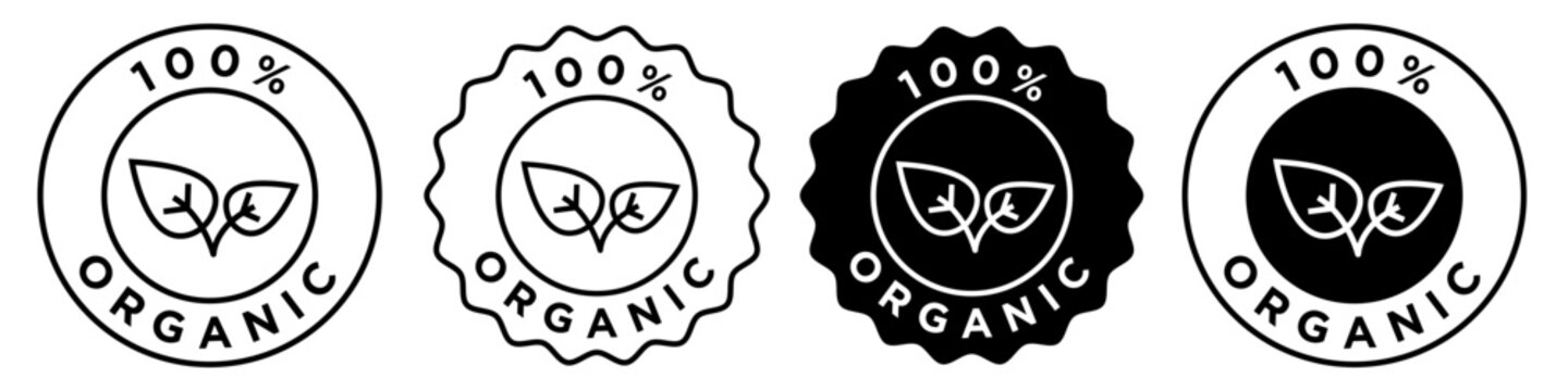 100% organic icon. All natural plant based ingredients sign symbol vector set collection for web app ui use in badge or emblem stamp style. Healthy diet food products for vegetarian round circle seal