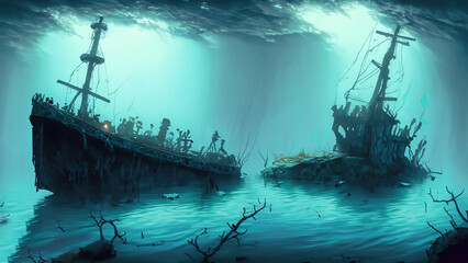 The sunken ship!
Blue Backgrounds, with fantasy theme - obrazy, fototapety, plakaty