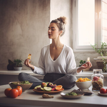 Woman meditating at a healthy, fresh, nutritious breakfast. Food, berries, fruits, yogurt, milk, coffee, tea, croissants, muesli, oats, oatmeal, oranges, lemons, jam, juice. Generative AI.