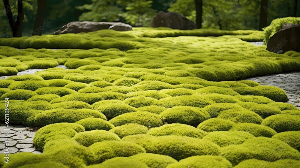 Sticker Moss grass creates a whimsical carpet of vibrant green that adds a touch of enchantment to any garden or forest. Generative AI