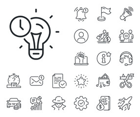 Idea lightbulb sign. Salaryman, gender equality and alert bell outline icons. Time management line icon. Clock symbol. Time management line sign. Spy or profile placeholder icon. Vector