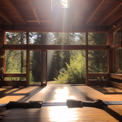 Peaceful yoga, meditation, relaxation, mindfulness retreat setting. Natural, tranquil surroundings in a wooden house in forest among trees. Sun rays, sunset, sunrise. Generative AI.