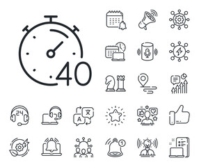Stopwatch time sign. Place location, technology and smart speaker outline icons. Timer 40 minutes line icon. Countdown clock symbol. Timer line sign. Influencer, brand ambassador icon. Vector