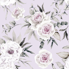 vintage roses flower and leaves watercolor seamless pattern