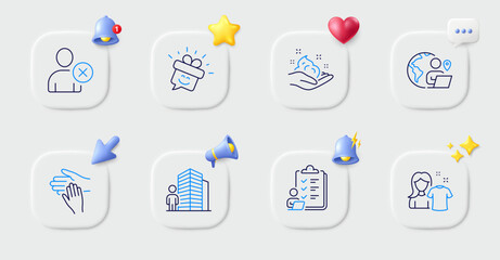Delete user, Skin care and Checklist line icons. Buttons with 3d bell, chat speech, cursor. Pack of Volunteer, Smile, Agent icon. Clean shirt, Outsource work pictogram. For web app, printing. Vector