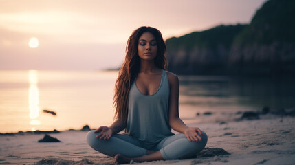 Fototapeta na wymiar Healthy serene young woman meditating on the beach with eyes closed, relaxing body and mind sitting on sand. Mental health and meditation for no stress. AI Generated.