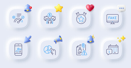 Fake news, Correct answer and Sharing economy line icons. Buttons with 3d bell, chat speech, cursor. Pack of Calendar, Ranking star, Pie chart icon. Vector