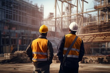 Two construction building men workers confidently inspect discuss engineering projects. Building construction company sites in front them builder safety measures helmets modern skyscraper buildings
