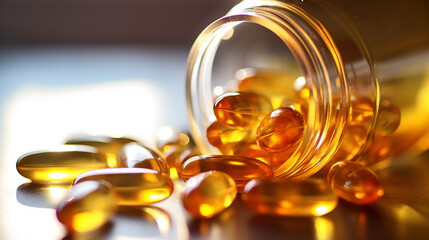 An enticing image capturing the vibrant display of Omega-3 capsules, their glossy shells reflecting light, symbolizing the potential health and wellness they hold. Generative AI