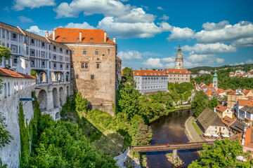 Fototapeta na wymiar Aerial view of renaissance chateau castle in Cesky Krumlov above the Vltava river in the Czech Republic