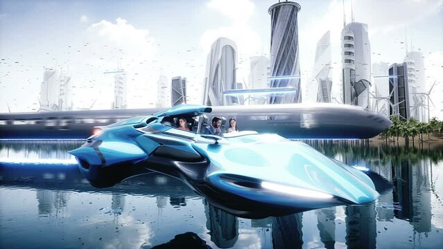 fying car in futuristic city with people.. Future concept. Realistic 4k animation.