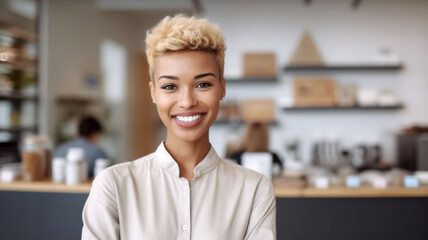 young adult woman with short hairstyle and dyed blonde hair, smiles, cashier or saleswoman in a cafe, large wide counter, fictional location