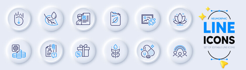 Scroll down, Job interview and Puzzle image line icons for web app. Pack of Vitamin u, Making money, Inclusion pictogram icons. Lotus, Leaf dew, Sale gift signs. Gluten free, Canister. Vector