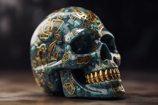 day of the dead mexican skull, carved traditional mayan blue skeleton head with golden adornments, beautiful ornate, old death ritual in Mexico.