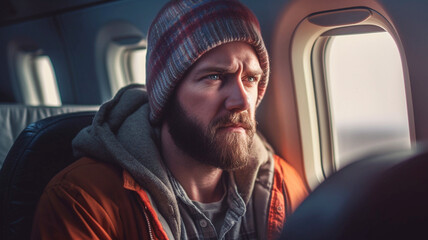a worried or bored or angry adult man, mature man 30s, on the plane in the plane seat, full beard, tired or in a bad mood