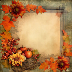 Naklejka na ściany i meble Empty frame with autumn leaves, berries, flowers and pumpkins.
