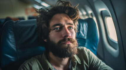 a man with a full beard, 20s 30s, sits in an airplane on an airplane seat as a passenger during a flight, almost at the very back, back row