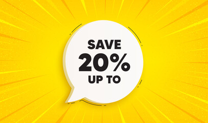 Save up to 20 percent tag. Speech bubble sunburst banner. Discount Sale offer price sign. Special offer symbol. Discount chat speech message. Yellow sun burst background. Vector
