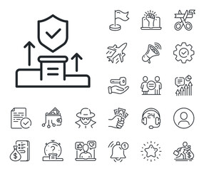 Cyber defence sign. Salaryman, gender equality and alert bell outline icons. Security agency line icon. Private protection symbol. Security agency line sign. Spy or profile placeholder icon. Vector