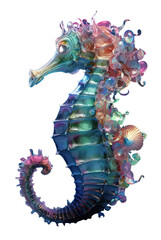 iridescent glass seahorse isolated on transparent background cutout, generative ai